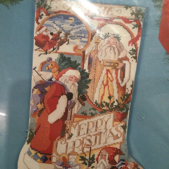 Vintage Bucilla Santa Collage Christmas stocking cross stitch kit - Picture 3 of 6